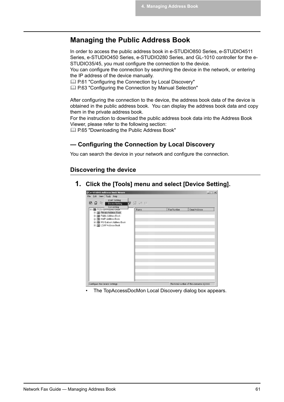 Managing the public address book, Configuring the connection by local discovery, P.61 "managing the public address book | Toshiba E-STUDIO 720 User Manual | Page 61 / 110