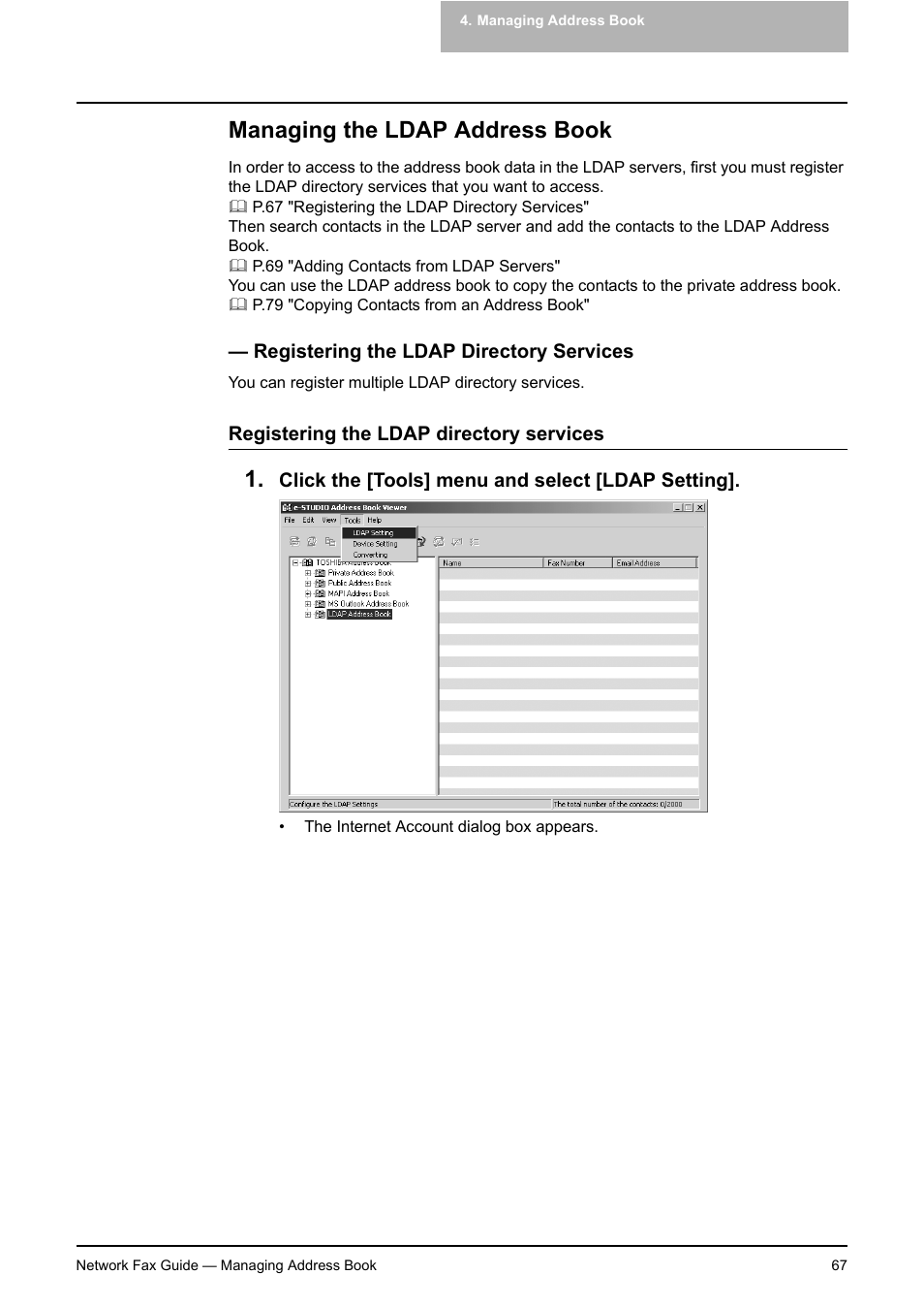 Managing the ldap address book, Registering the ldap directory services, P.67 "managing the ldap address book | Toshiba E-STUDIO 720 User Manual | Page 67 / 110