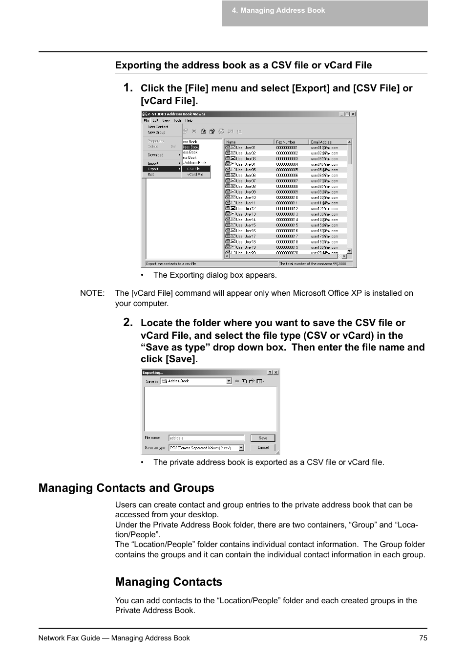 Managing contacts and groups, Managing contacts, P.75 "managing contacts and groups | Toshiba E-STUDIO 720 User Manual | Page 75 / 110