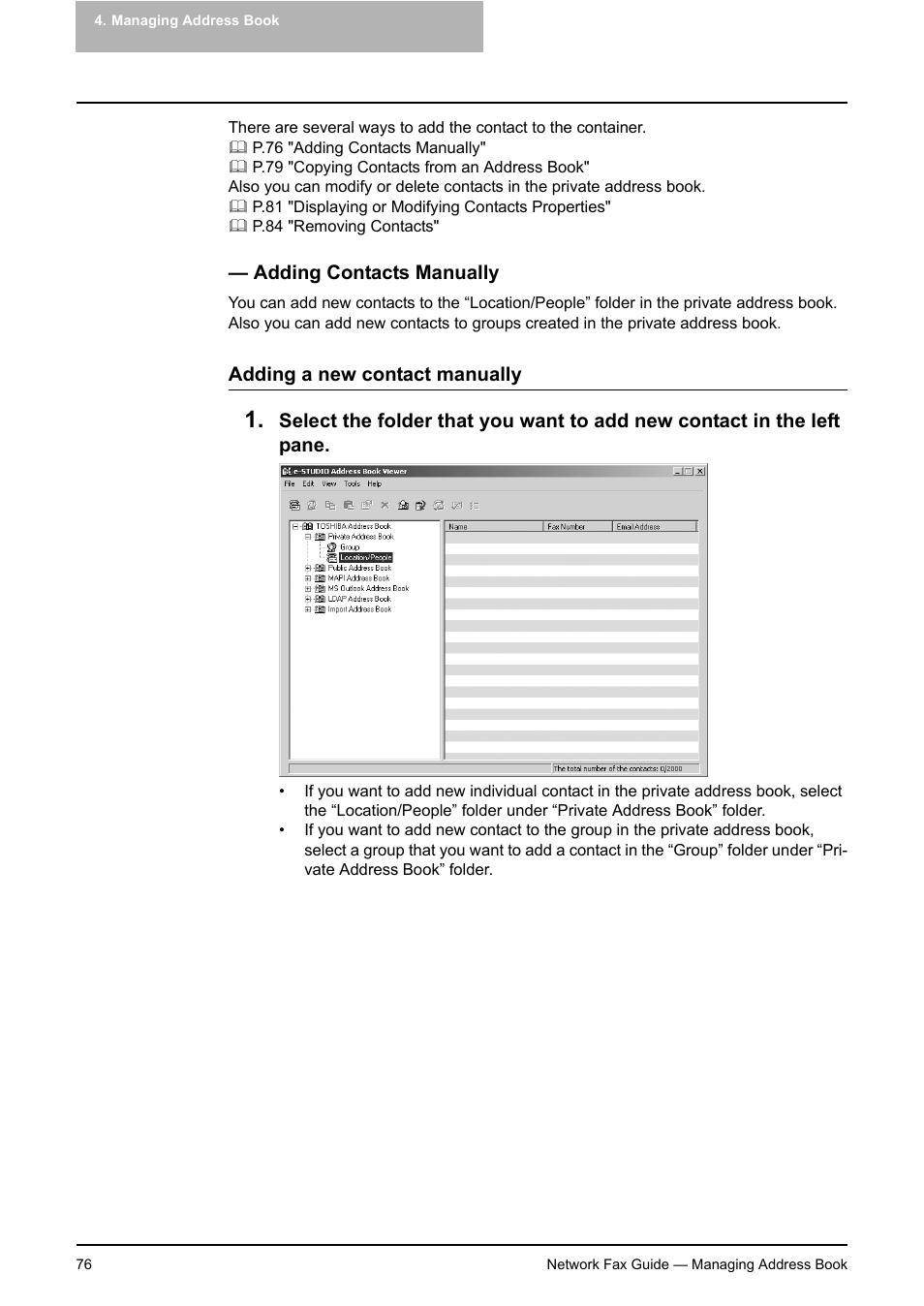 Adding contacts manually | Toshiba E-STUDIO 720 User Manual | Page 76 / 110