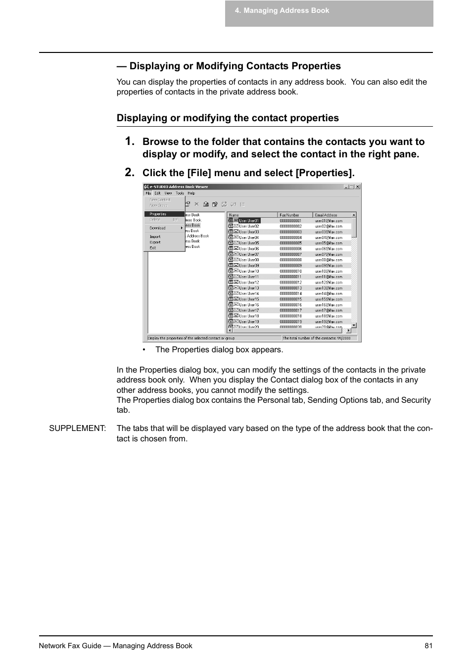 Displaying or modifying contacts properties, P.81 "displaying or modifying contacts properties | Toshiba E-STUDIO 720 User Manual | Page 81 / 110