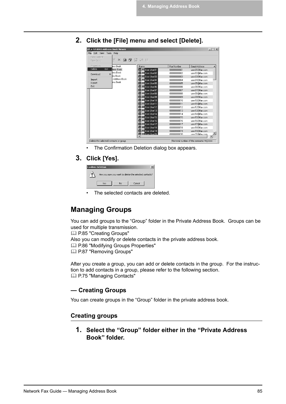 Managing groups, Creating groups | Toshiba E-STUDIO 720 User Manual | Page 85 / 110