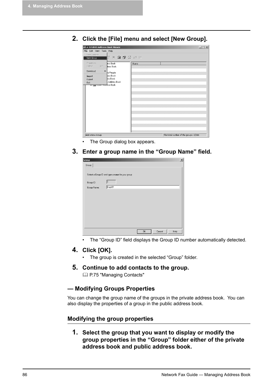 Modifying groups properties, P.86 "modifying groups properties | Toshiba E-STUDIO 720 User Manual | Page 86 / 110