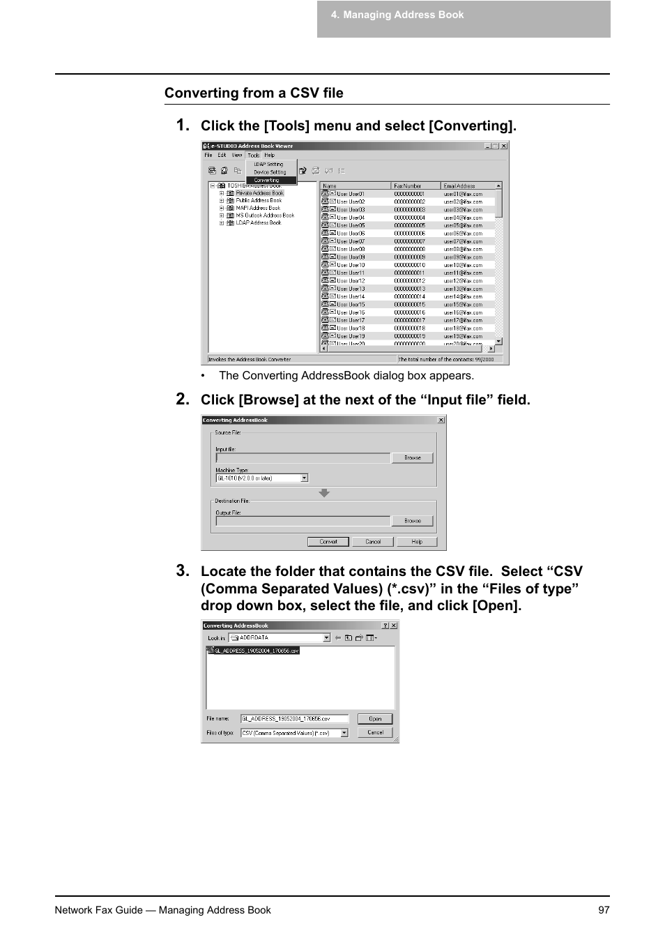 P.97 "converting from a csv file | Toshiba E-STUDIO 720 User Manual | Page 97 / 110