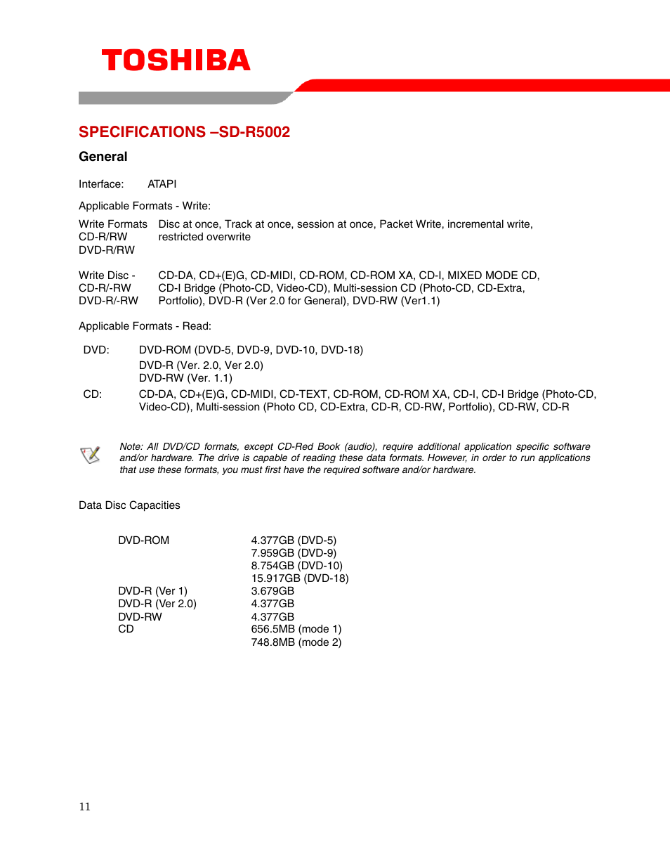Specifications –sd-r5002 | Toshiba STORAGE DEVICE DIVISION SD-R5002 User Manual | Page 13 / 18