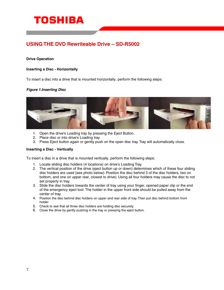 Using the dvd rewriteable drive – sd-r5002 | Toshiba STORAGE DEVICE DIVISION SD-R5002 User Manual | Page 9 / 18