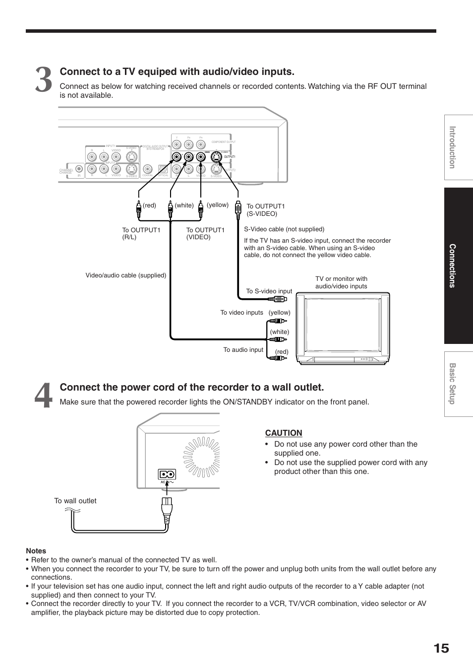 Connect to a tv equiped with audio/video inputs, Connections basic setup intr oduction, Caution | Toshiba RD-XS32SC User Manual | Page 15 / 56