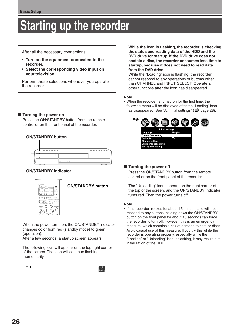 Starting up the recorder, Turning the power off, Basic setup | Toshiba RD-XS32SC User Manual | Page 26 / 56