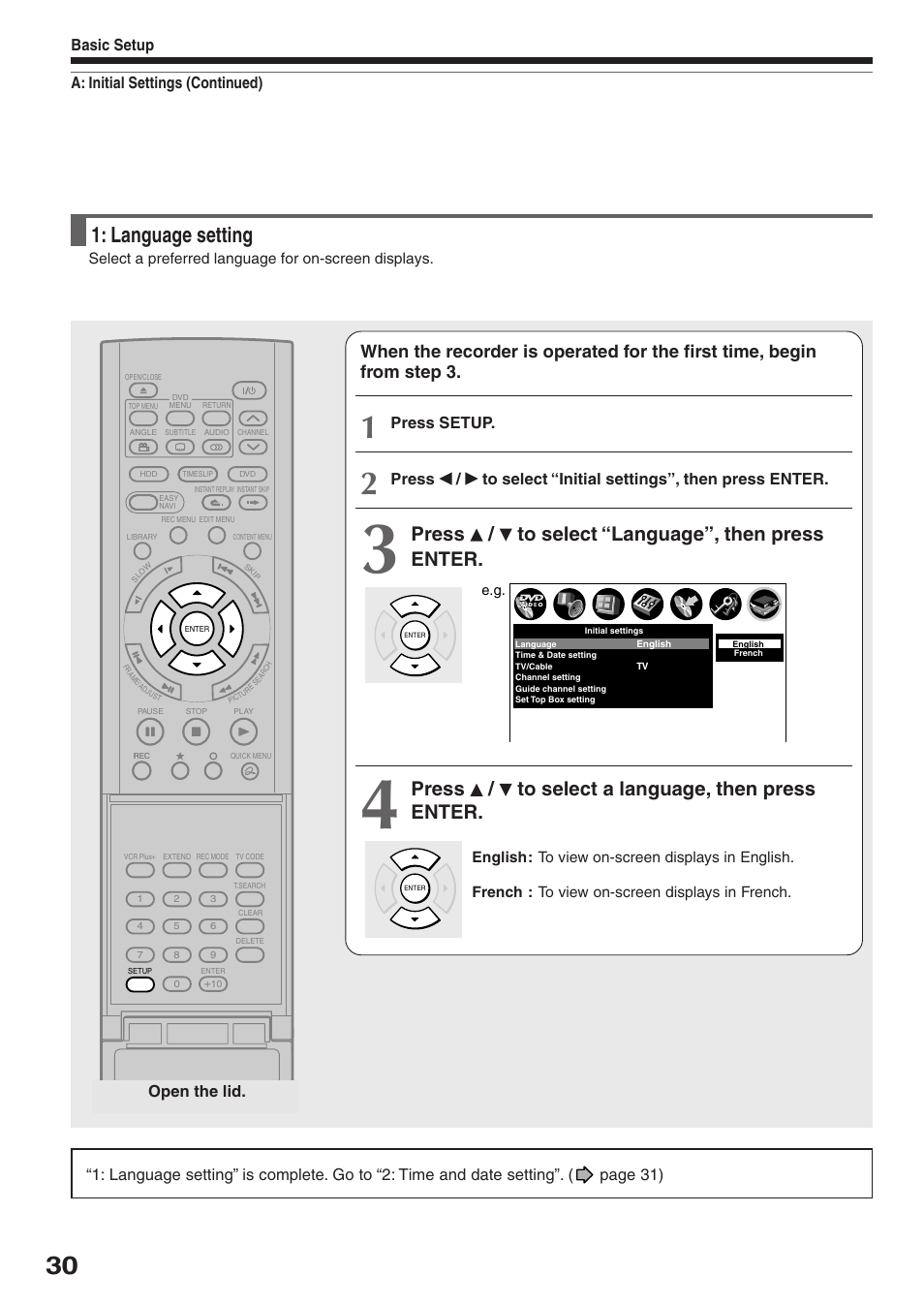 Language setting, Press / to select “language”, then press enter, Press / to select a language, then press enter | A: initial settings (continued) basic setup, Press setup, Open the lid | Toshiba RD-XS32SC User Manual | Page 30 / 56