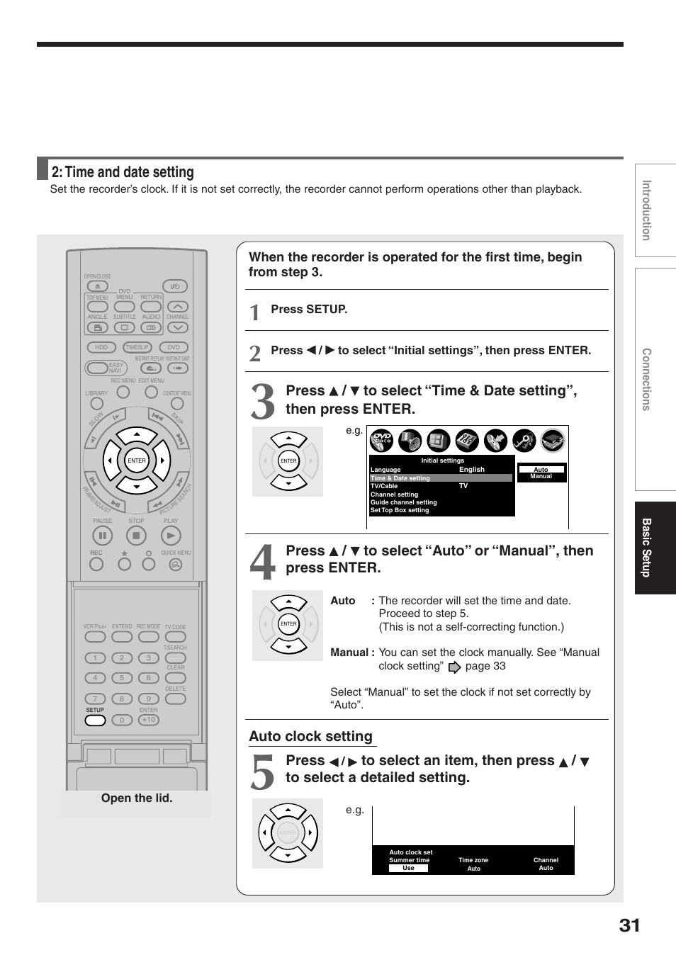 Time and date setting, Auto clock setting, Press | Intr oduction connections basic setup, Press setup, Open the lid | Toshiba RD-XS32SC User Manual | Page 31 / 56