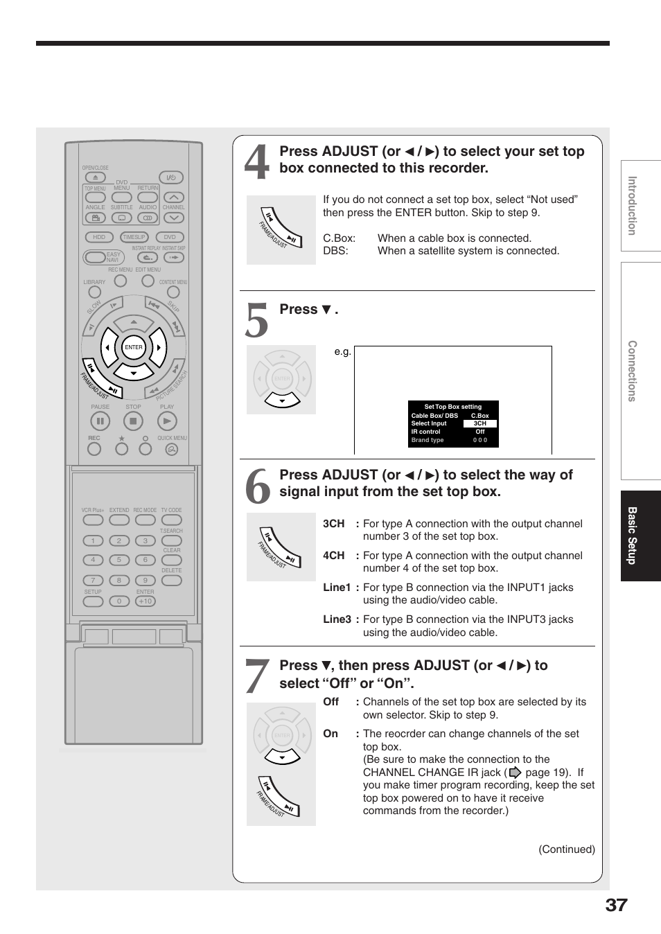 Press, Intr oduction connections basic setup | Toshiba RD-XS32SC User Manual | Page 37 / 56