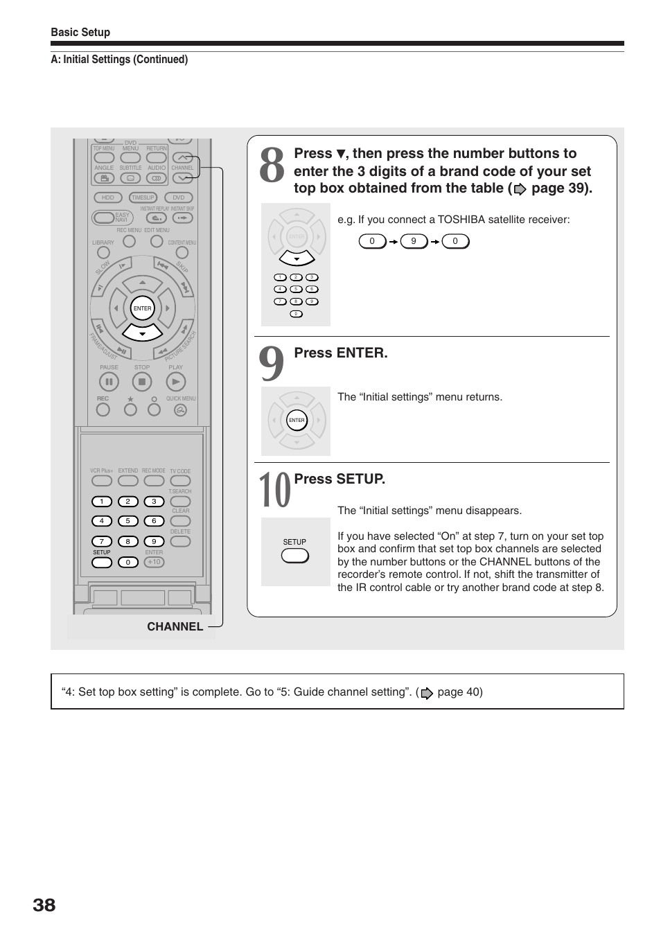 Press enter, Press setup, A: initial settings (continued) basic setup | Channel | Toshiba RD-XS32SC User Manual | Page 38 / 56