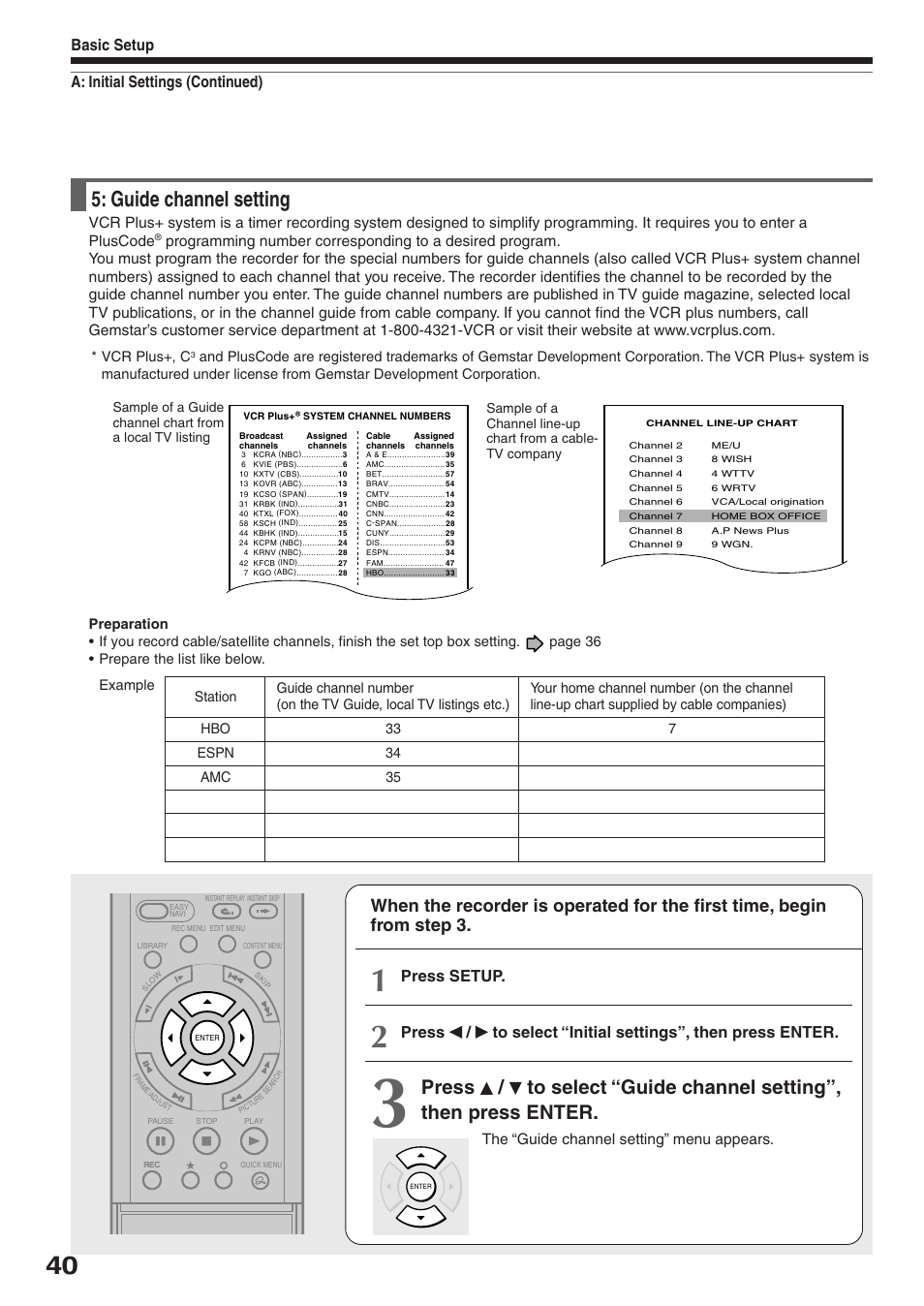 Guide channel setting, A: initial settings (continued) basic setup, Press setup | Toshiba RD-XS32SC User Manual | Page 40 / 56