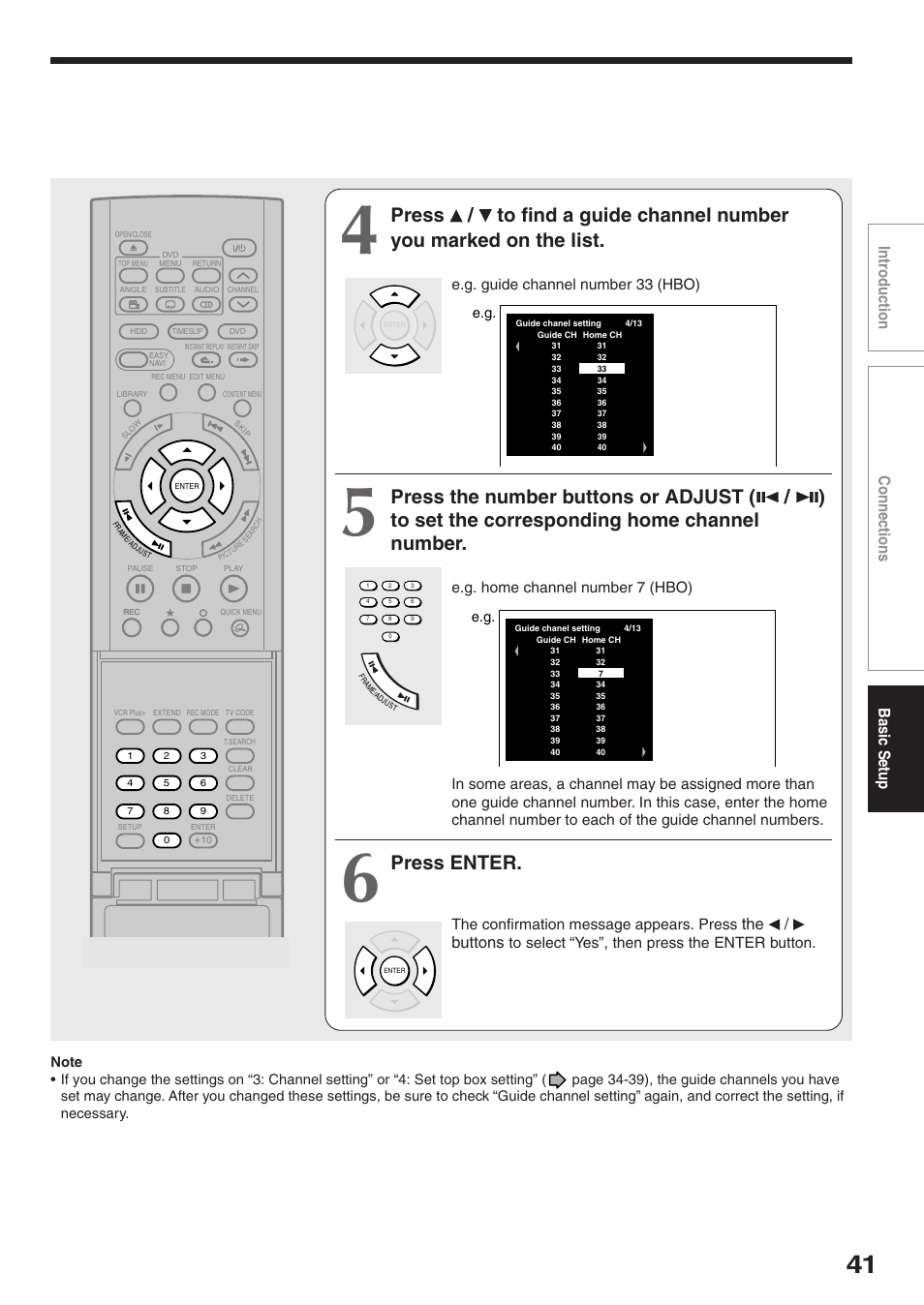 Press enter, Intr oduction connections basic setup, The / buttons | E.g. guide channel number 33 (hbo), The confirmation message appears. press | Toshiba RD-XS32SC User Manual | Page 41 / 56