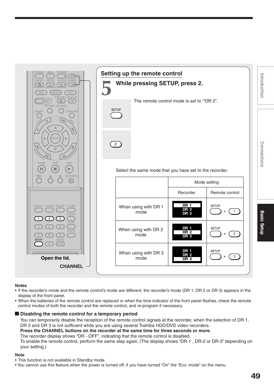 Setting up the remote control, While pressing setup, press 2, Introduction connections basic setup | Open the lid. channel | Toshiba RD-XS32SC User Manual | Page 49 / 56