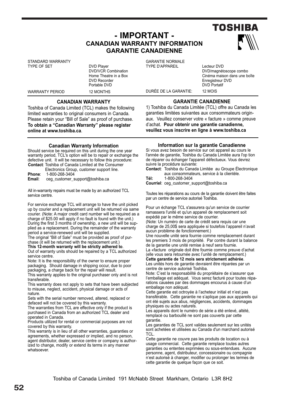 Important, Canadian warranty information garantie canadienne | Toshiba RD-XS32SC User Manual | Page 52 / 56