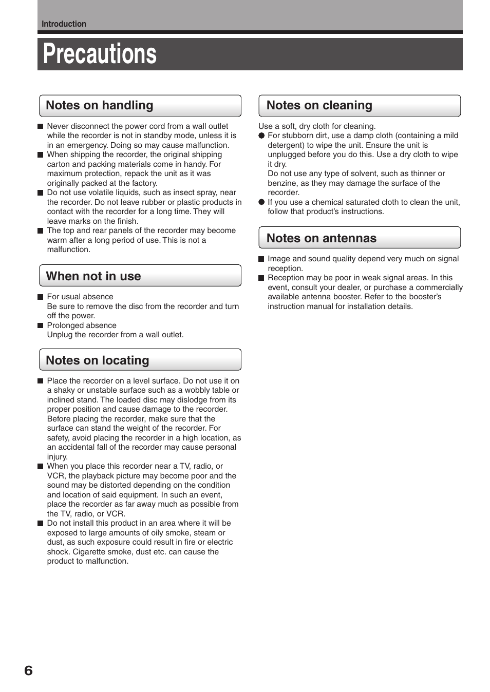 Precautions | Toshiba RD-XS32SC User Manual | Page 6 / 56