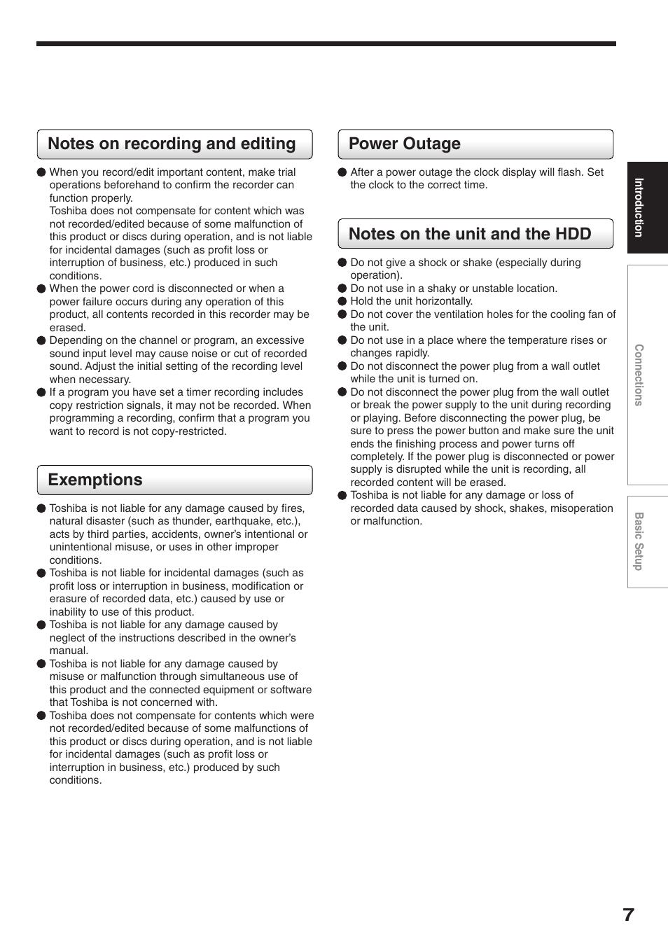 Exemptions, Power outage | Toshiba RD-XS32SC User Manual | Page 7 / 56