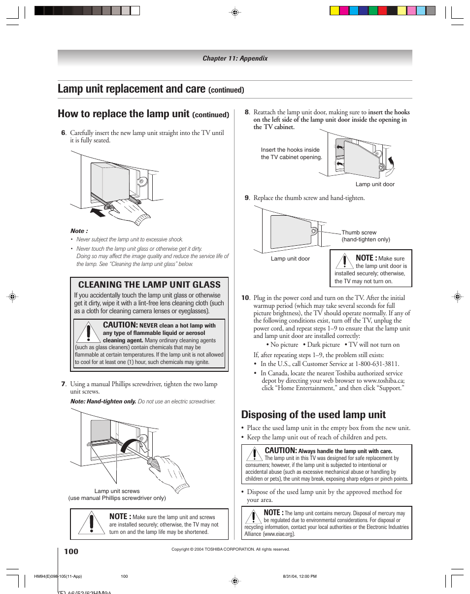 Lamp unit replacement and care, Disposing of the used lamp unit, How to replace the lamp unit | Cleaning the lamp unit glass | Toshiba 46HM94 User Manual | Page 100 / 108