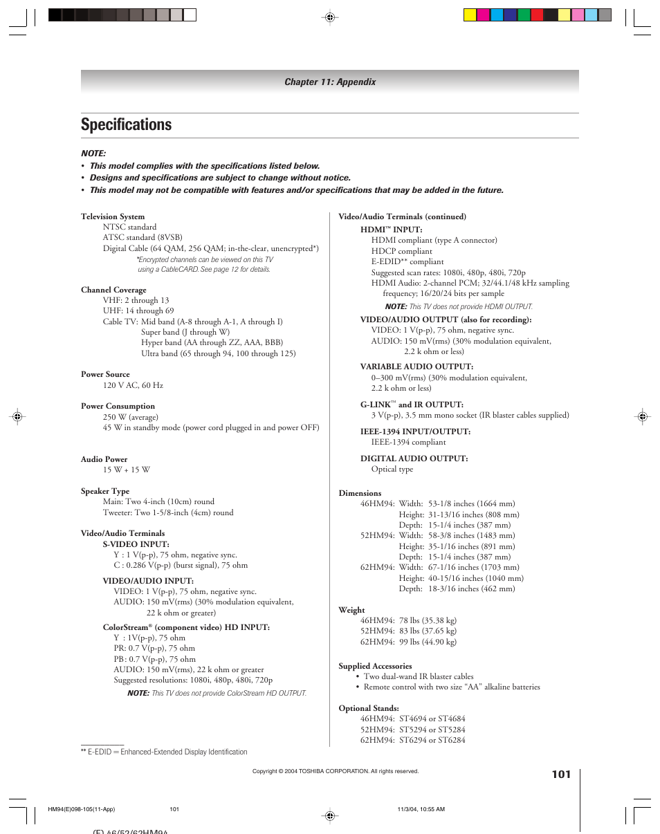 Specifications | Toshiba 46HM94 User Manual | Page 101 / 108