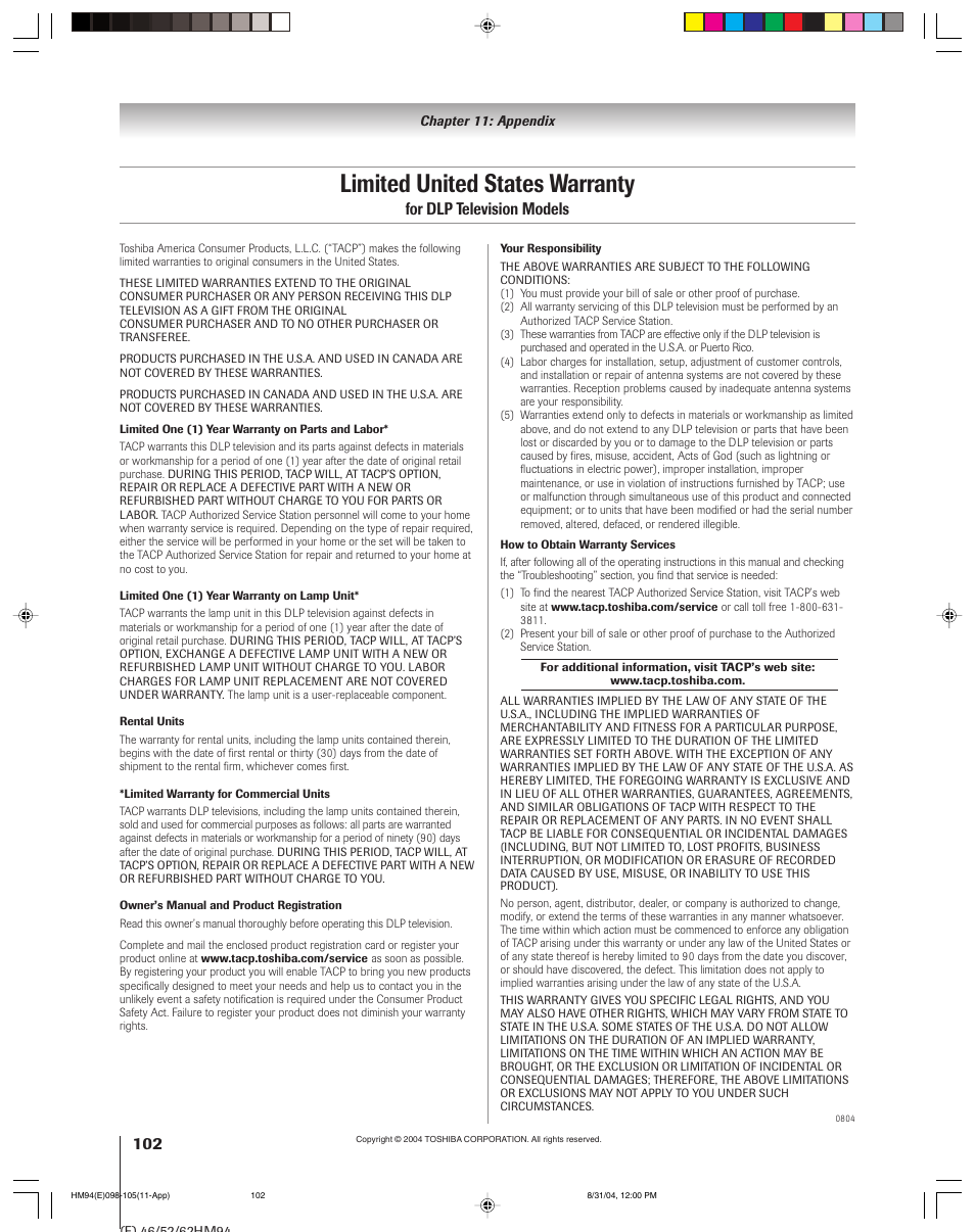 Limited united states warranty, For dlp television models | Toshiba 46HM94 User Manual | Page 102 / 108