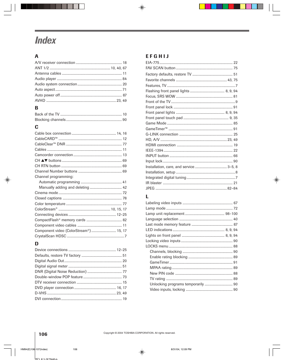 Index | Toshiba 46HM94 User Manual | Page 106 / 108