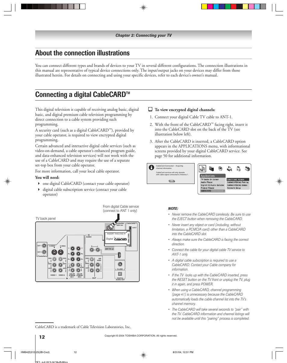 About the connection illustrations, Connecting a digital cablecard, Chapter 2: connecting your tv | Toshiba 46HM94 User Manual | Page 12 / 108