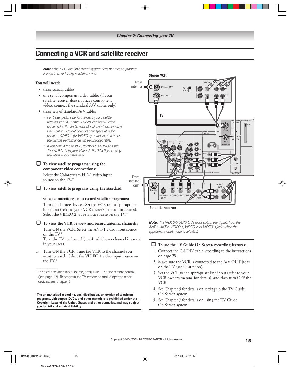 Connecting a vcr and satellite receiver, Chapter 2: connecting your tv | Toshiba 46HM94 User Manual | Page 15 / 108