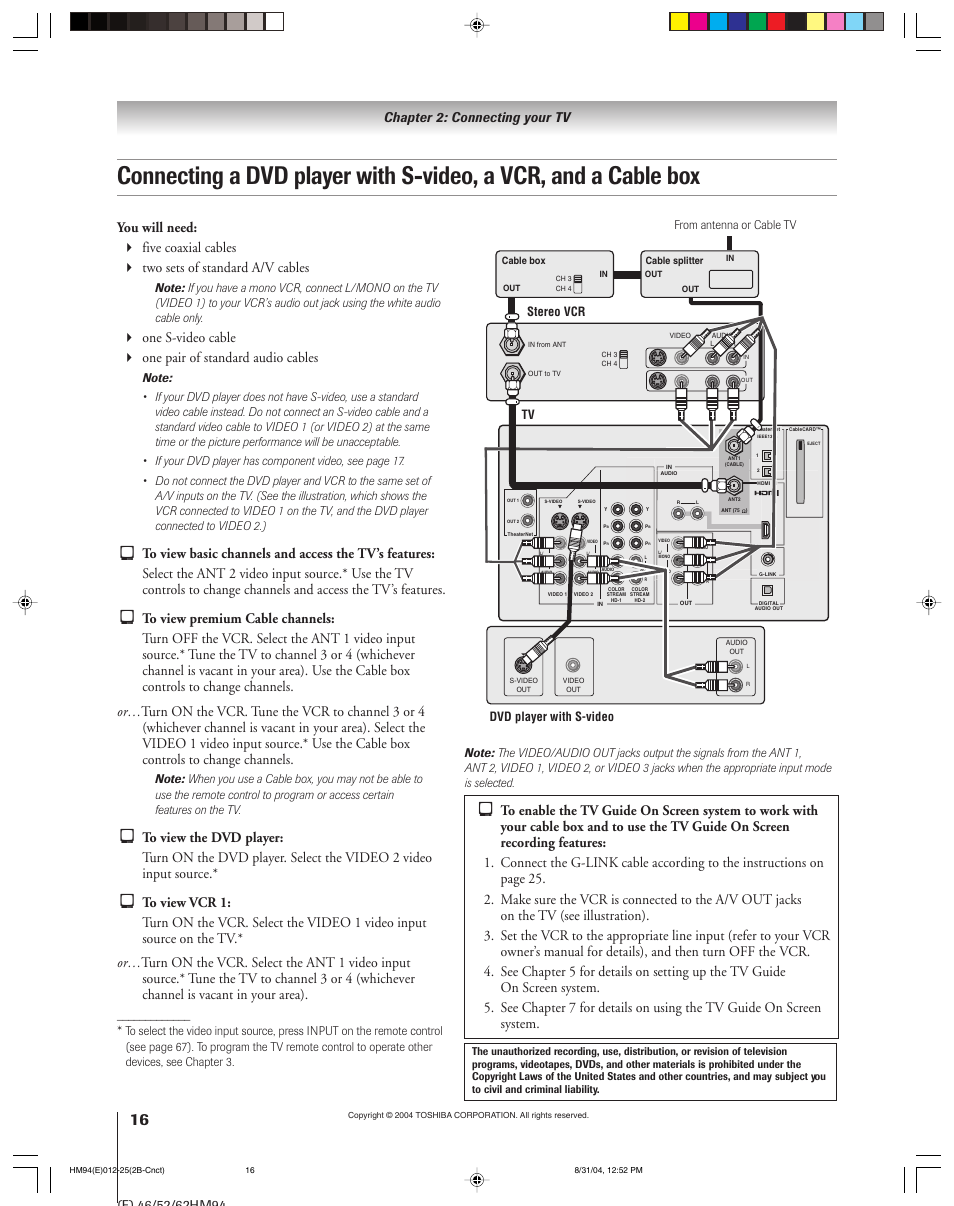 Chapter 2: connecting your tv | Toshiba 46HM94 User Manual | Page 16 / 108