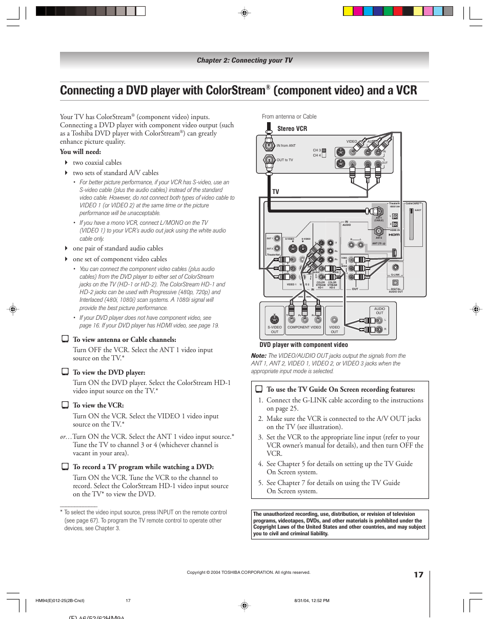 Connecting a dvd player with colorstream, Component video) and a vcr, Your tv has colorstream | Chapter 2: connecting your tv | Toshiba 46HM94 User Manual | Page 17 / 108