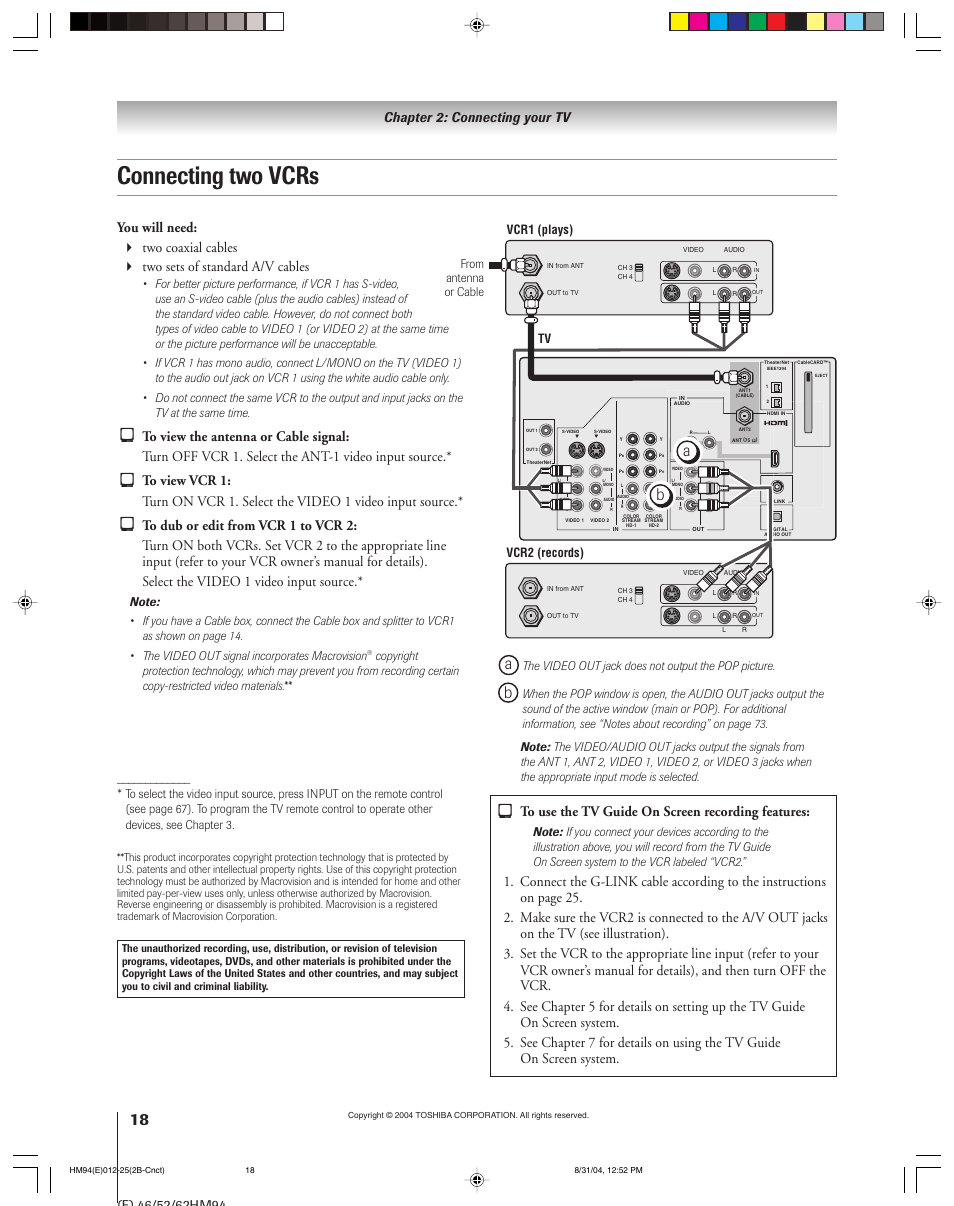 Connecting two vcrs, Chapter 2: connecting your tv | Toshiba 46HM94 User Manual | Page 18 / 108