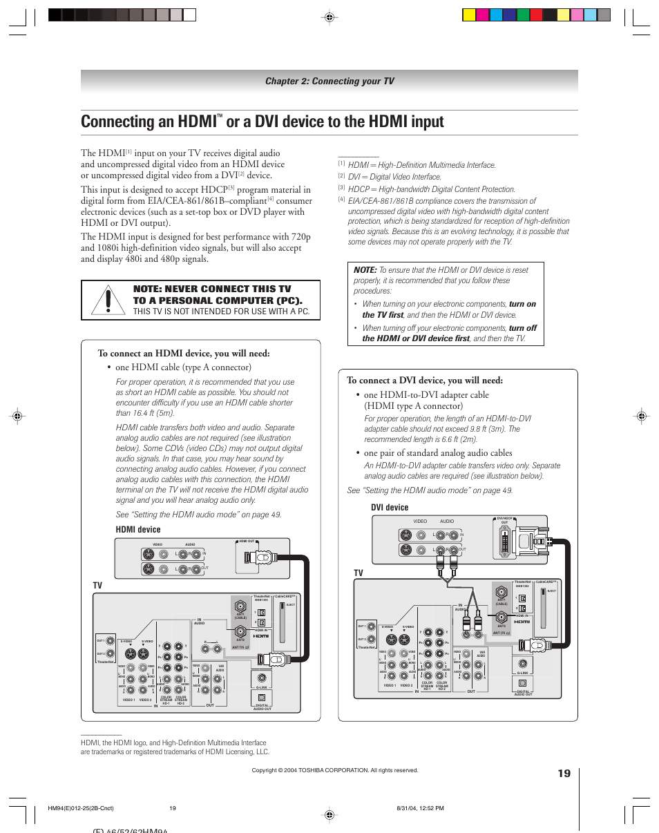 Connecting an hdmi, Or a dvi device to the hdmi input, The hdmi | Device. this input is designed to accept hdcp, One pair of standard analog audio cables, Chapter 2: connecting your tv, Tv hdmi device, Hdmi = high-definition multimedia interface, Dvi = digital video interface, Hdcp = high-bandwidth digital content protection | Toshiba 46HM94 User Manual | Page 19 / 108