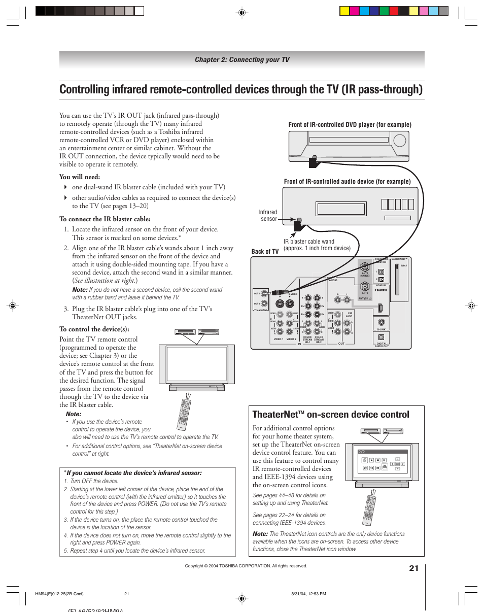 Theaternet™ on-screen device control | Toshiba 46HM94 User Manual | Page 21 / 108
