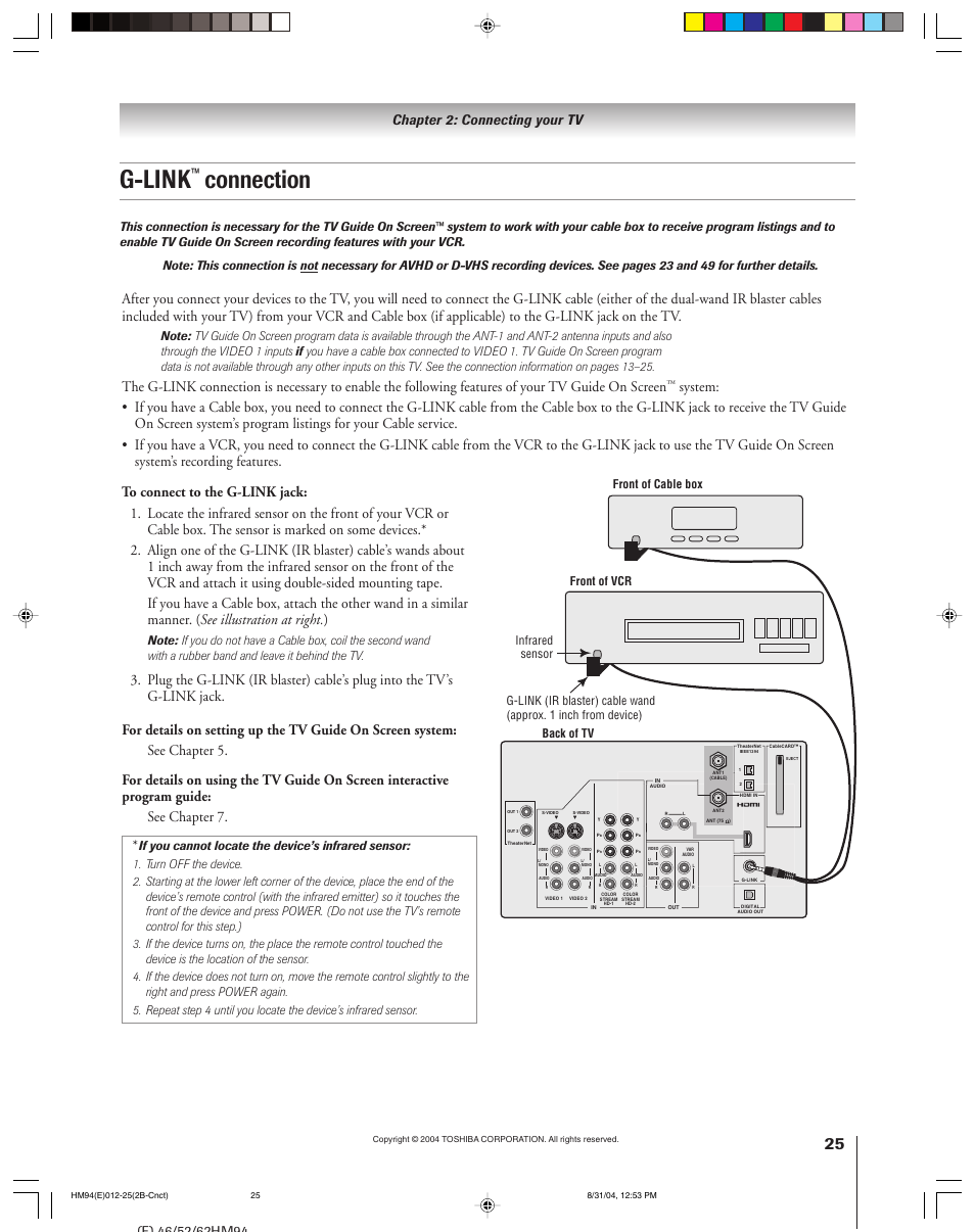 G-link, Connection, Chapter 2: connecting your tv | Toshiba 46HM94 User Manual | Page 25 / 108