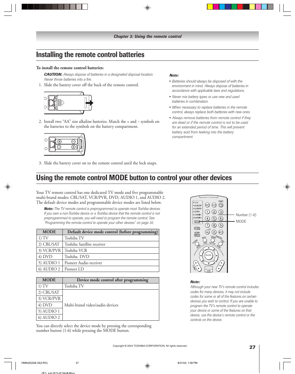 Installing the remote control batteries | Toshiba 46HM94 User Manual | Page 27 / 108