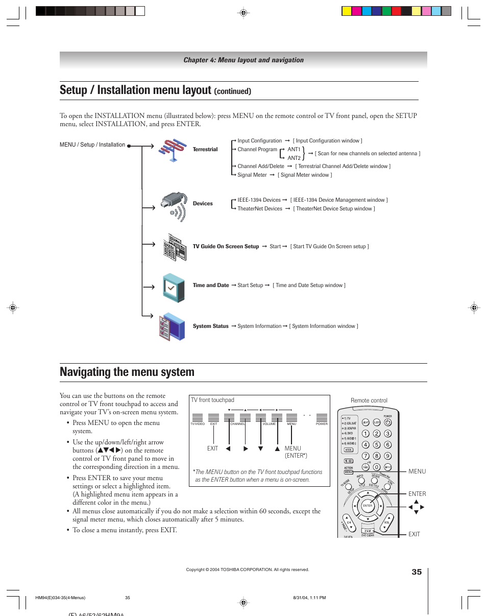 Navigating the menu system, Setup / installation menu layout, Continued) | Toshiba 46HM94 User Manual | Page 35 / 108