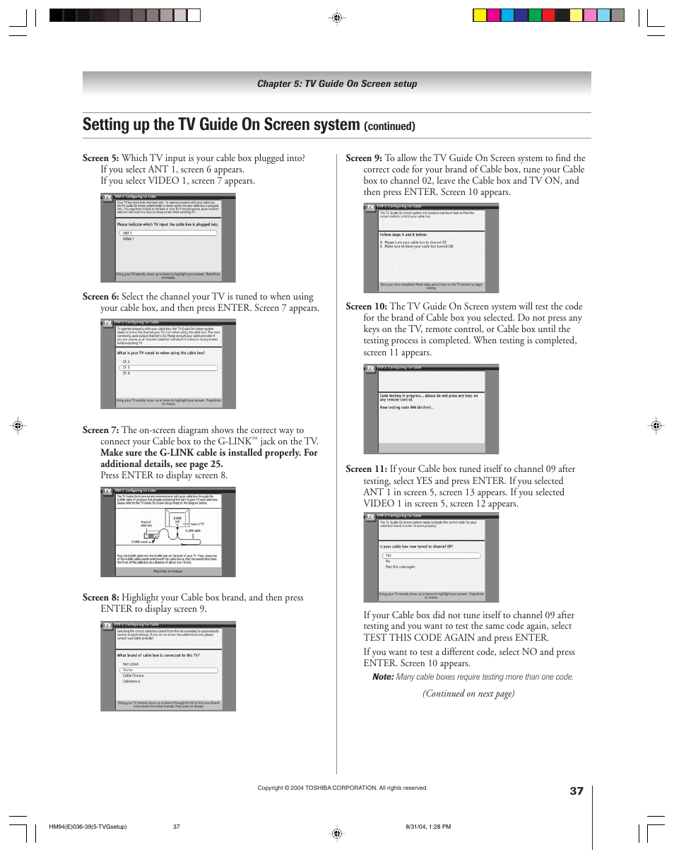 Setting up the tv guide on screen system | Toshiba 46HM94 User Manual | Page 37 / 108