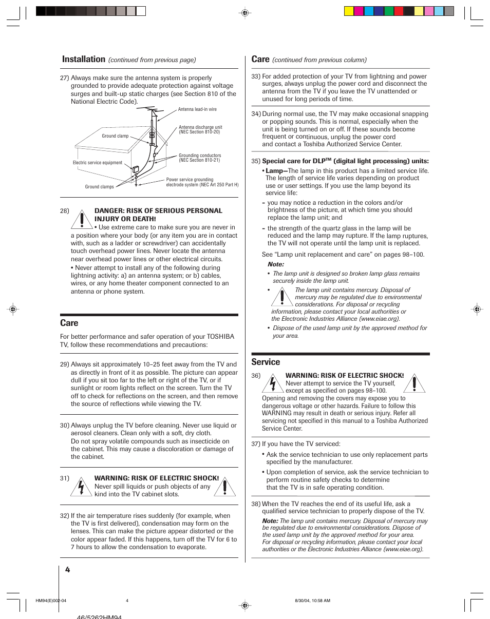 Installation, Care, Service | Toshiba 46HM94 User Manual | Page 4 / 108