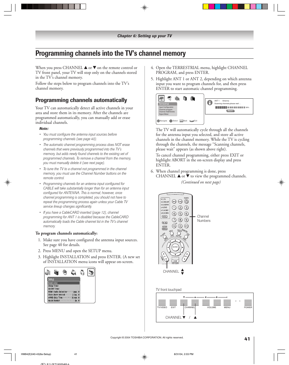 Programming channels automatically | Toshiba 46HM94 User Manual | Page 41 / 108