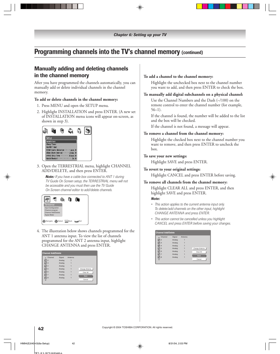 Continued), Chapter 6: setting up your tv | Toshiba 46HM94 User Manual | Page 42 / 108