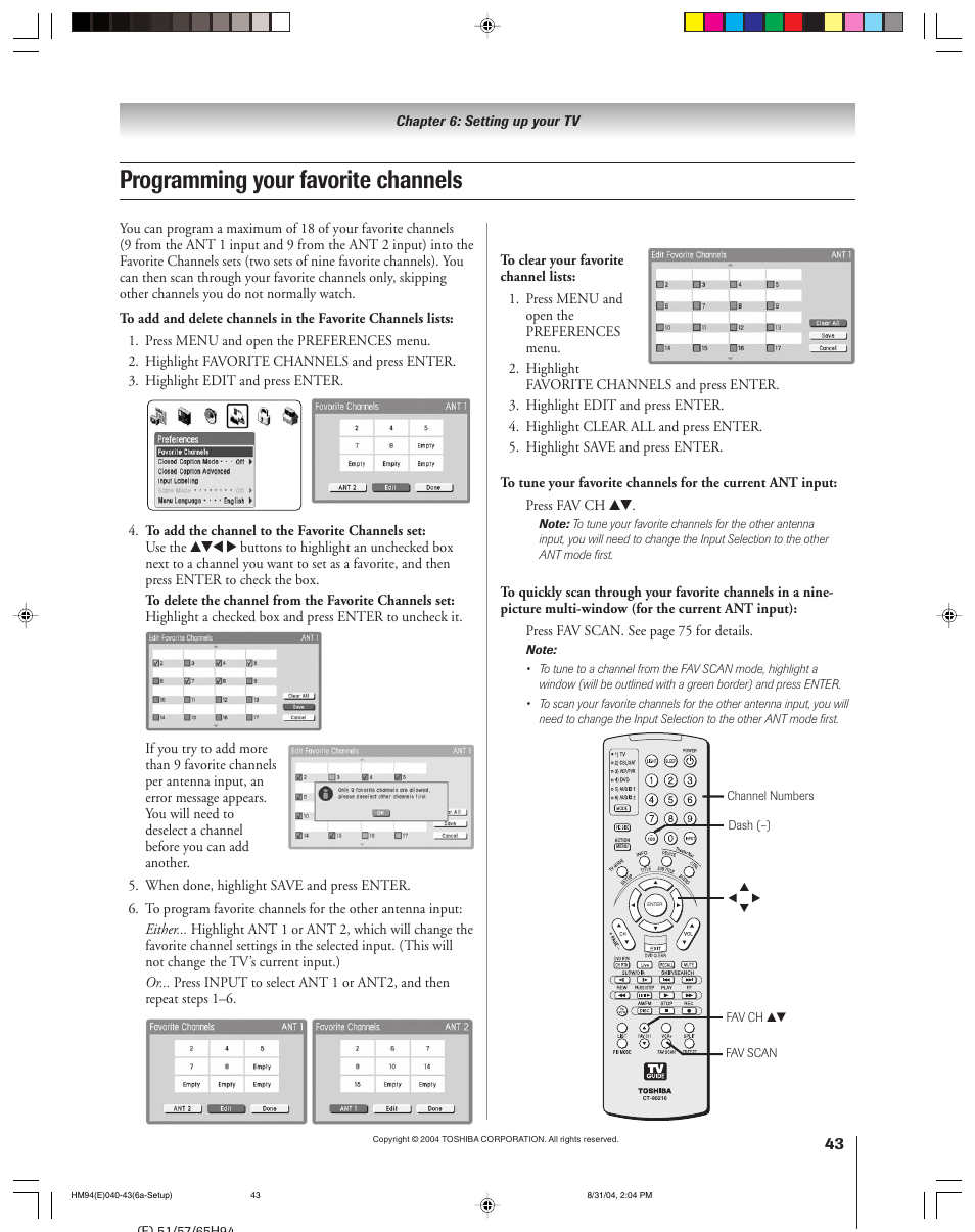 Programming your favorite channels | Toshiba 46HM94 User Manual | Page 43 / 108
