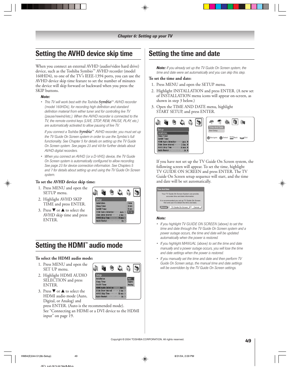 Setting the avhd device skip time, Setting the hdmi, Audio mode | Setting the time and date | Toshiba 46HM94 User Manual | Page 49 / 108