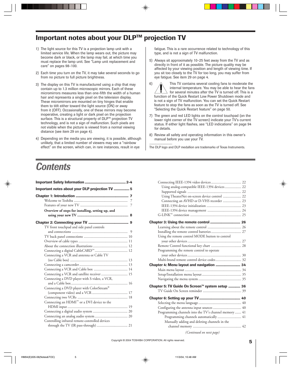 Toshiba 46HM94 User Manual | Page 5 / 108