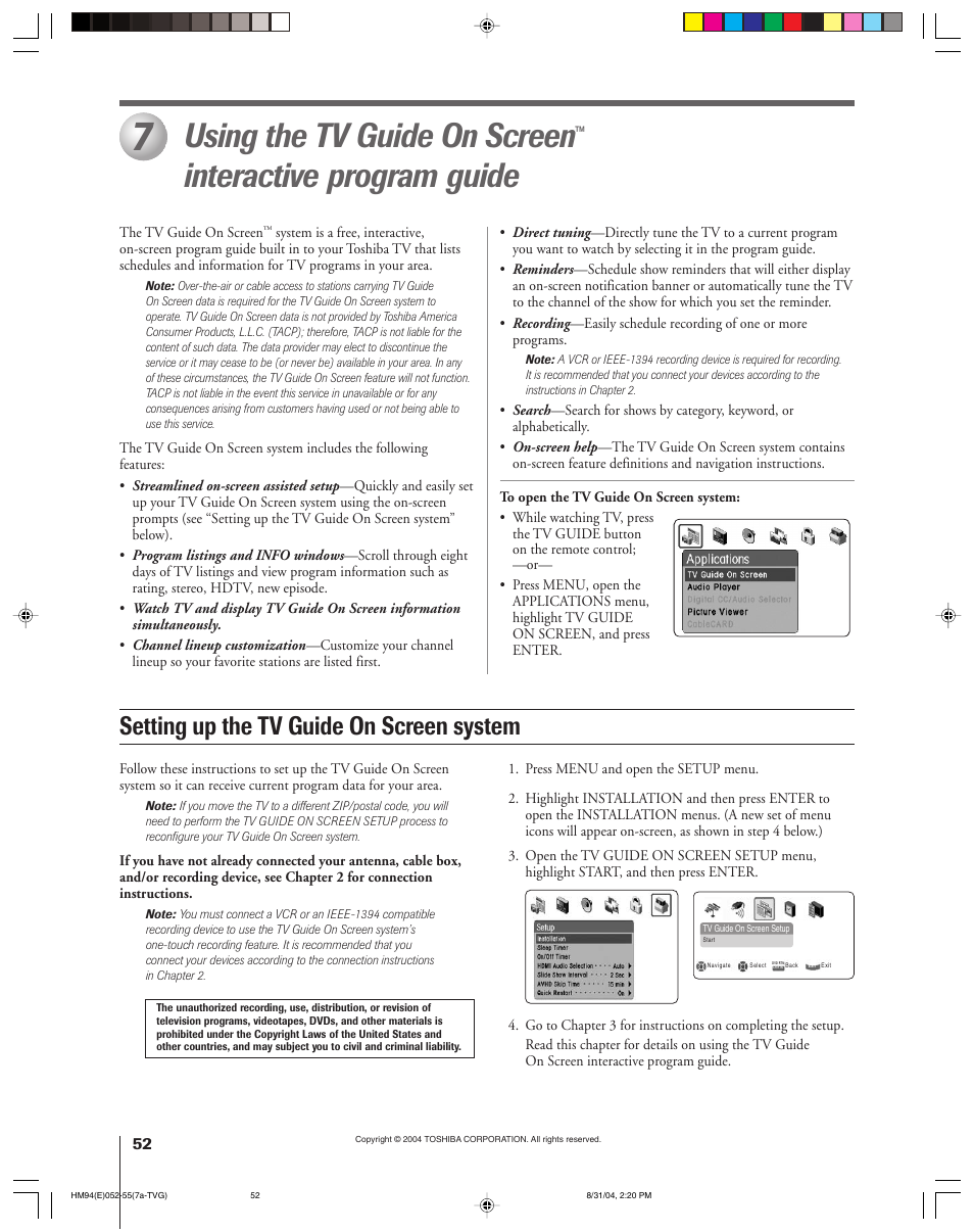 Using the tv guide on screen, Interactive program guide, Setting up the tv guide on screen system | Toshiba 46HM94 User Manual | Page 52 / 108