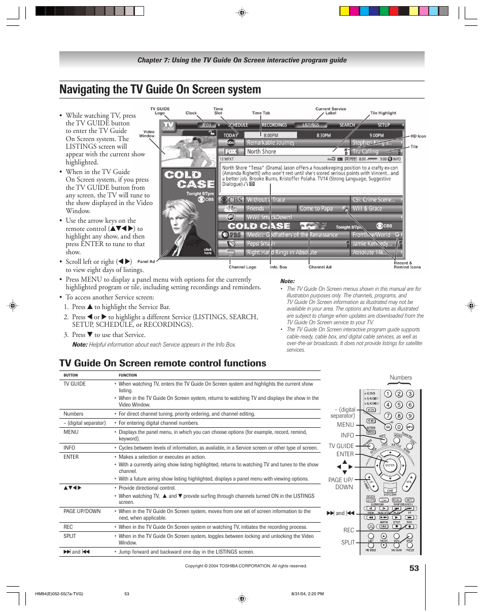 Navigating the tv guide on screen system, Tv guide on screen remote control functions | Toshiba 46HM94 User Manual | Page 53 / 108