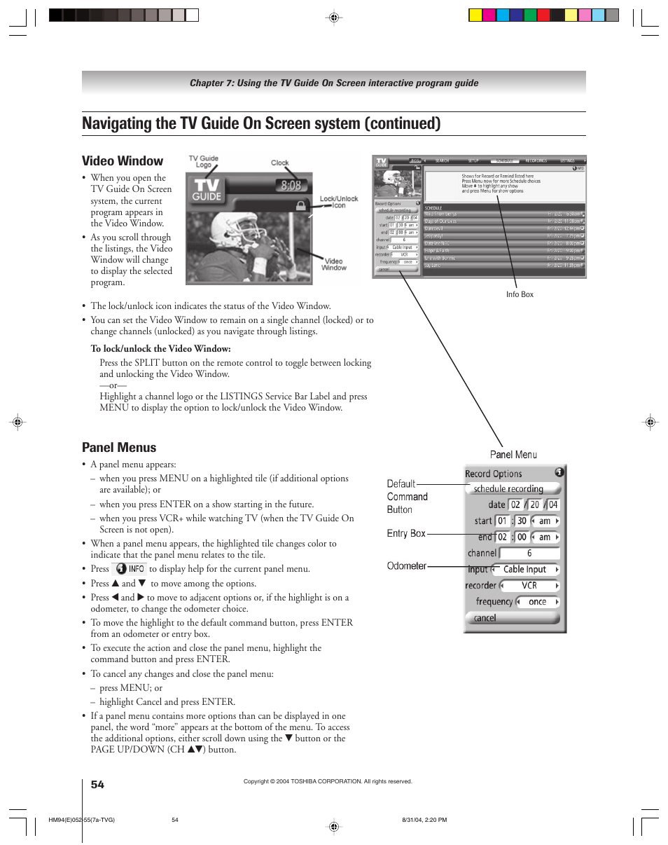 Panel menus, Video window | Toshiba 46HM94 User Manual | Page 54 / 108