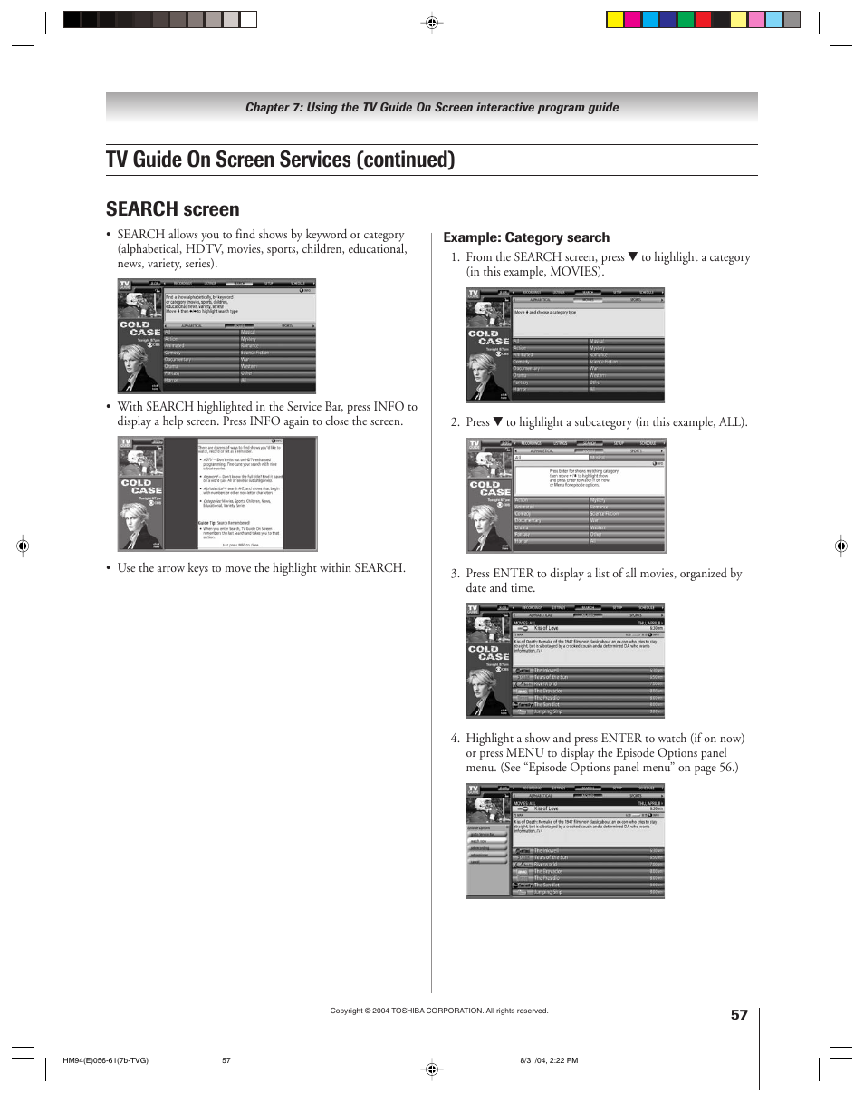 Tv guide on screen services (continued), Search screen | Toshiba 46HM94 User Manual | Page 57 / 108