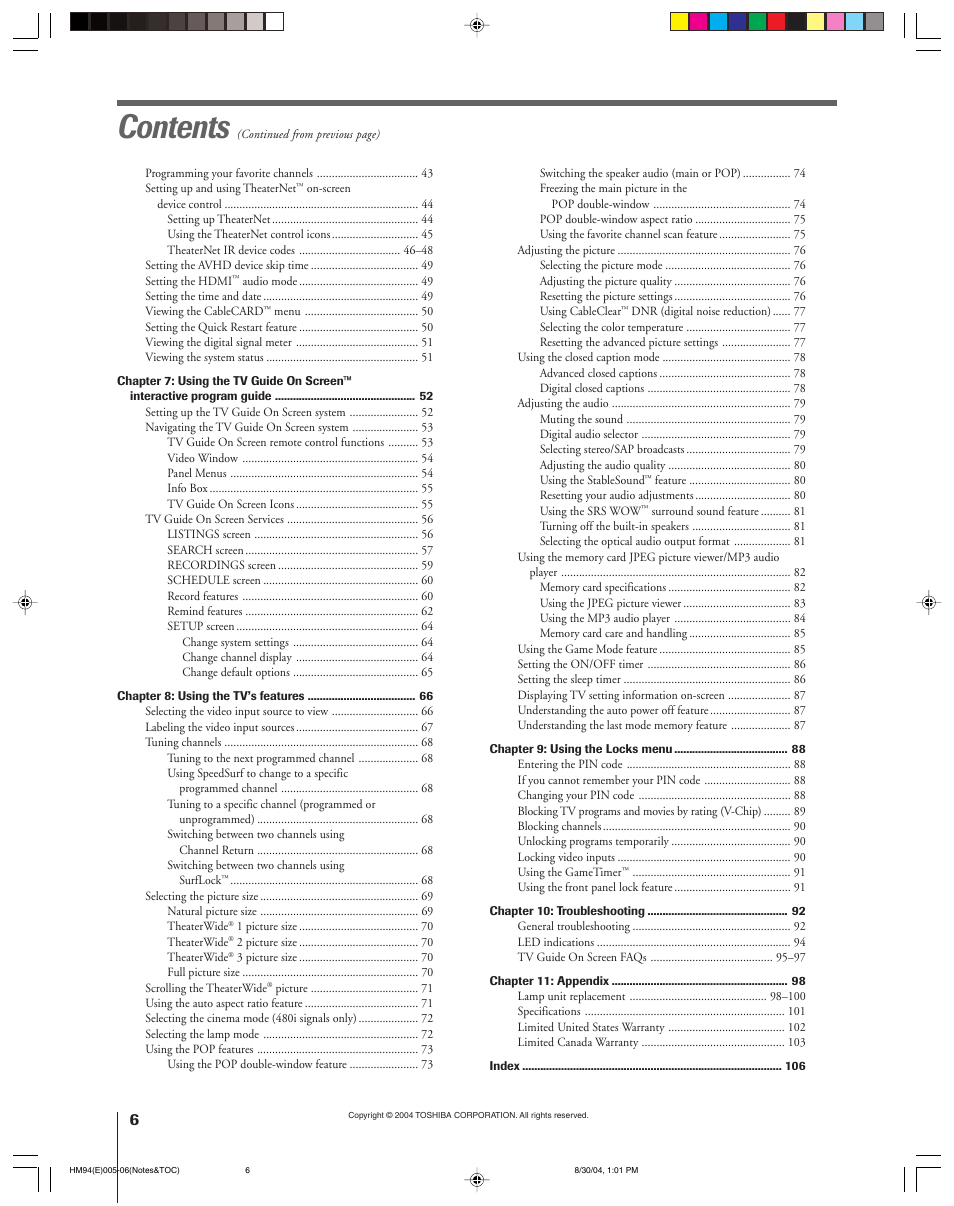 Toshiba 46HM94 User Manual | Page 6 / 108