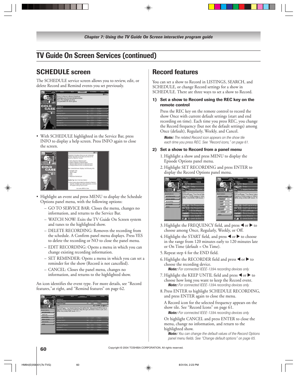 Tv guide on screen services (continued), Schedule screen, Record features | Toshiba 46HM94 User Manual | Page 60 / 108