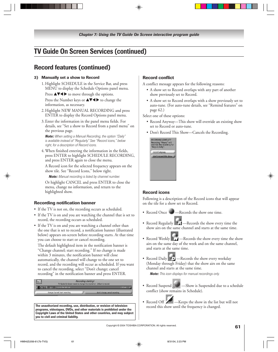 Tv guide on screen services (continued), Record features (continued) | Toshiba 46HM94 User Manual | Page 61 / 108